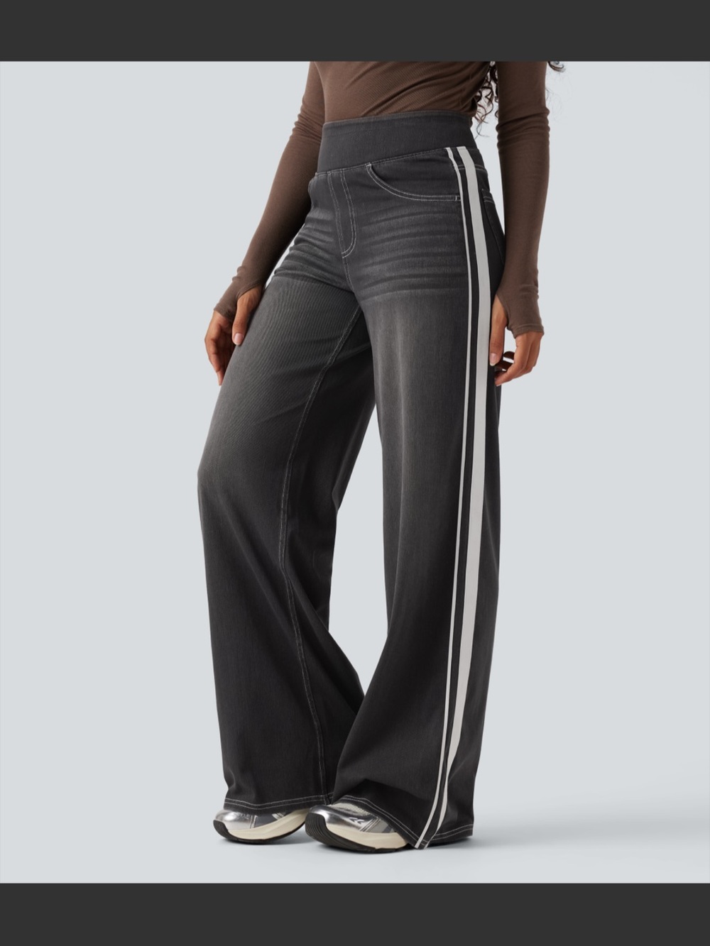 Halara Wide Leg Jeans Womens XL Reg Black Wash Striped High Rise Stretch Pants